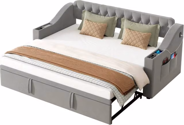 Letto a Divanetto con Contenitore e Porte di Ricarica USB e Type-C in Velluto Grigio L: 90 cm, P: 190 cm, H: 78.5 cm – 1