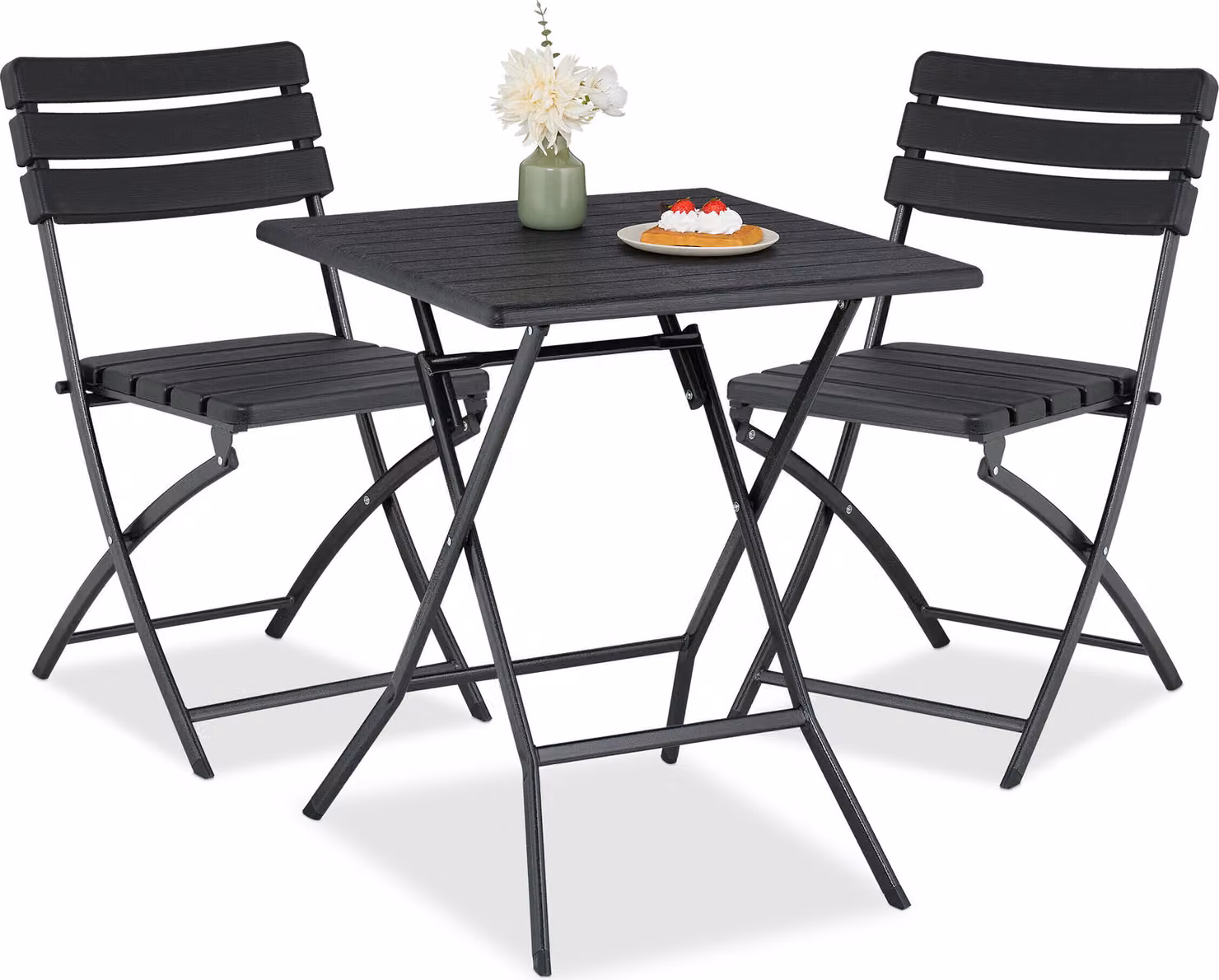 Set di mobili da balcone Relaxdays, 3 pezzi, 1 tavolo e 2 sedie, pieghevoli, set da giardino effetto legno, acciaio e plastica, nero
