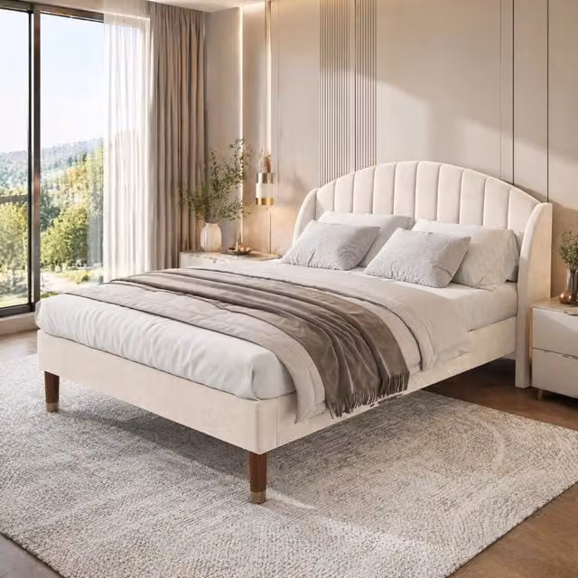 Letto imbottito 140 × 200 cm con rete a doghe e testiera imbottita in velluto beige piedi alti 20 cm