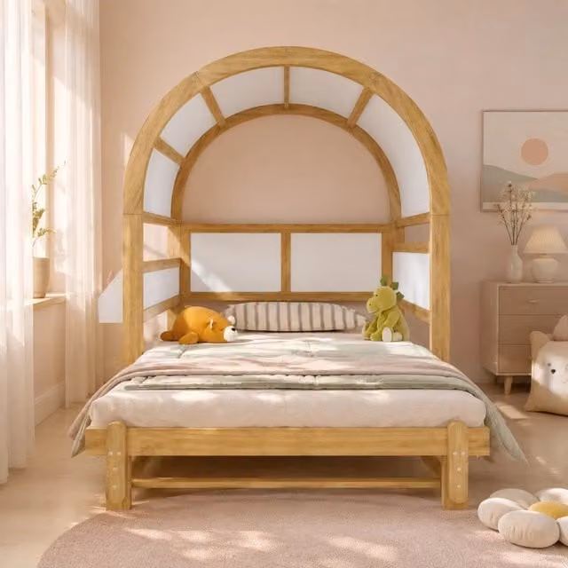 Letto a casetta ULEVR 140x200 cm con letto estraibile e ripiano laterale, pino e MDF bianco/naturale