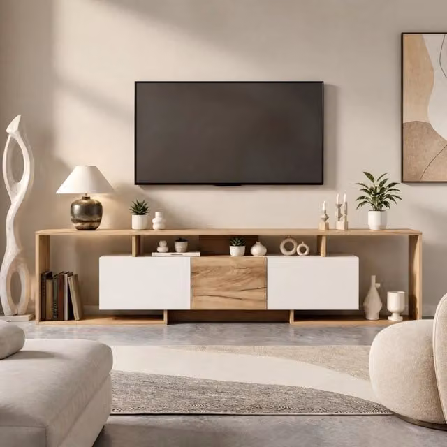 Mobile TV con 2 ante a ribalta, 1 anta battente e 3 vani aperti, bianco e legno naturale, per soggiorno, 180 × 30 × 49 cm