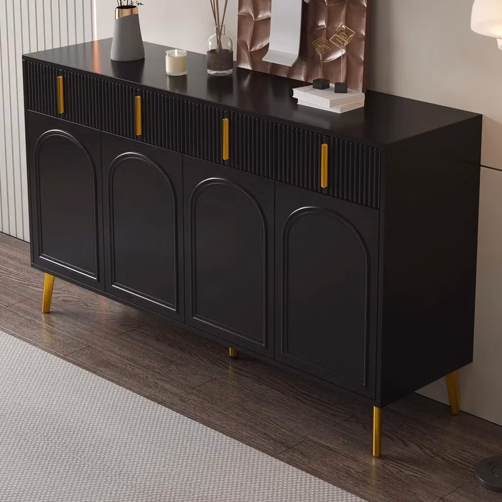 Credenza moderna Zephmum con 4 ante e 4 cassetti, finitura nera opaca e dettagli dorati, L/P/H: 140 x 38 x 82 cm – 2