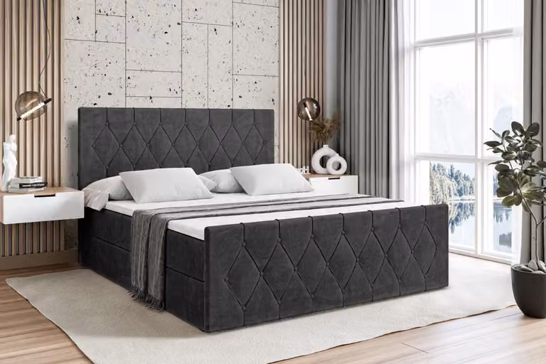 Letto boxspring ALTDECOR con materasso e rete a doghe - - VELANTO - 120x200 cm - Velluto nero - Letto boxspring, pediera, topper, letto imbottito con contenitore, letto con contenitore H4 - Materasso, letto matrimoniale, letto boxspring