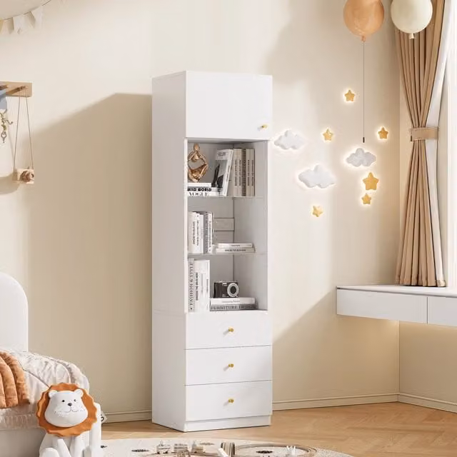 Vetrina Alta con Ripiani in Vetro Regolabili e Cassetti, Spazio Aperto, Bianco, 50x40x180 cm