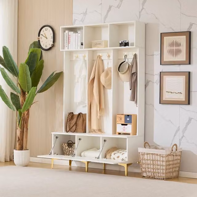 Set di mobili da ingresso MIVRAY con panca contenitore e appendiabiti, design moderno in bianco lucido con dettagli dorati