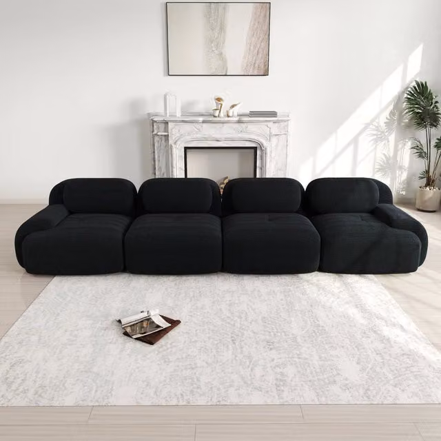 Divano 4 Posti in Tessuto a Coste ¨C MINIMAL ¨C Nero, Morbido, Senza Montaggio