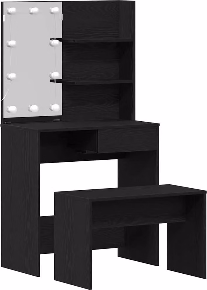 Set Tavolo da Trucco LED 2 pcs Rovere Nero Legno multistrato