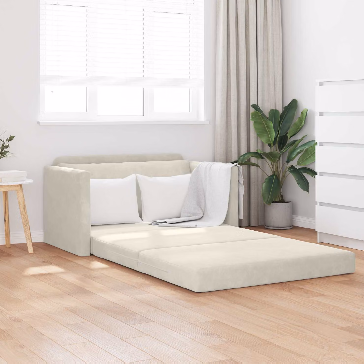 Divano letto moderno vidaXL in velluto beige con funzione letto e coperture rimovibili L/P/H: 124 x 71 x 78 cm