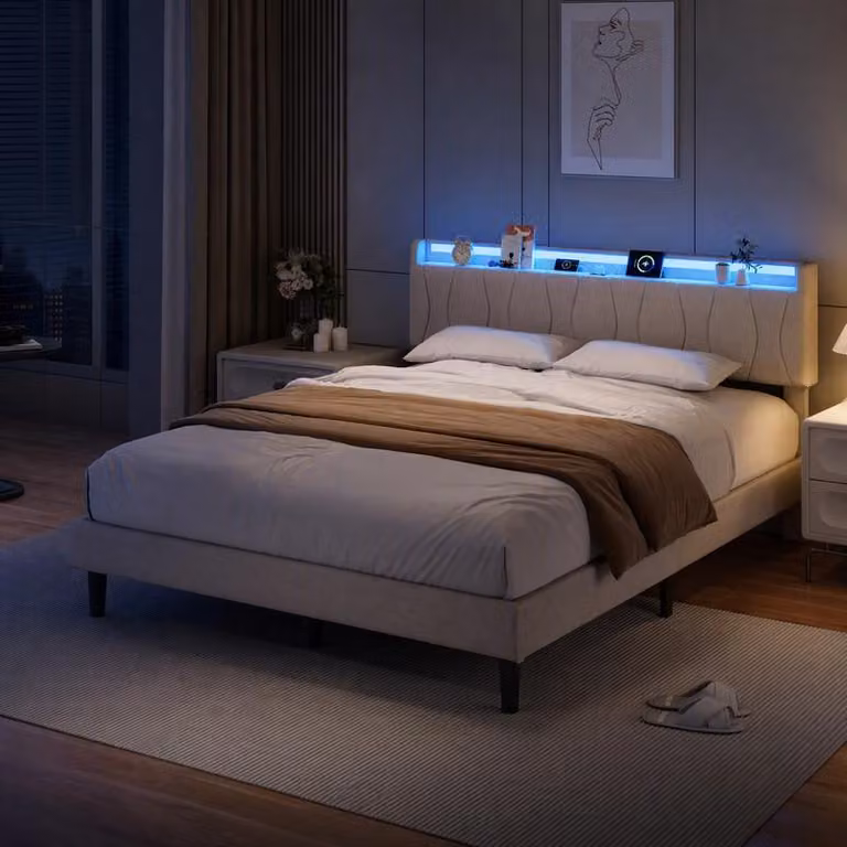 Letto matrimoniale ProximaX 140x200 cm, beige, con illuminazione LED, prese USB e di tipo C, struttura imbottita con testiera contenitore e rete a doghe