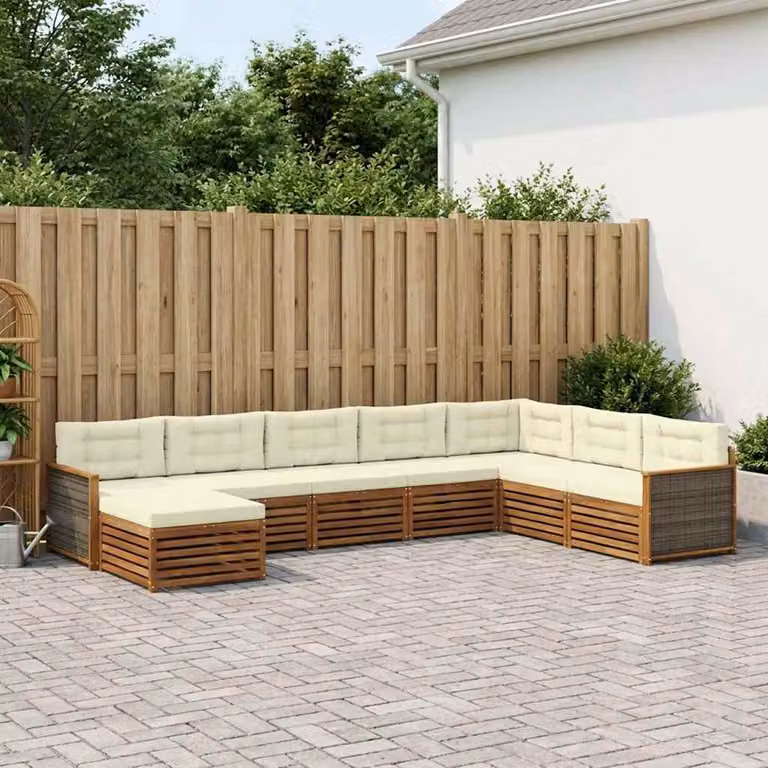 Set di divani da esterno vidaXL 8 pz in legno di acacia con cuscini, forma a L, colore naturale e crema