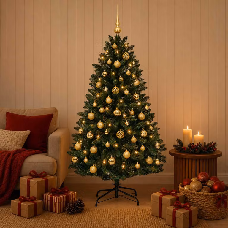 Albero di Natale artificiale, color verde scuro, con decorazioni a forma di sfera, altezza 150 cm