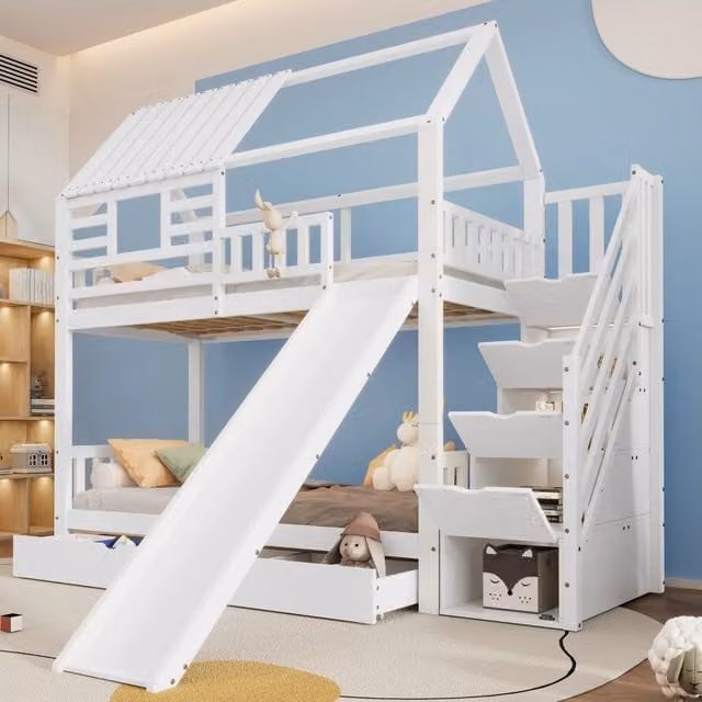 Letto a castello casa bianco 90x200 cm con scala contenitore, scivolo e cassetti
