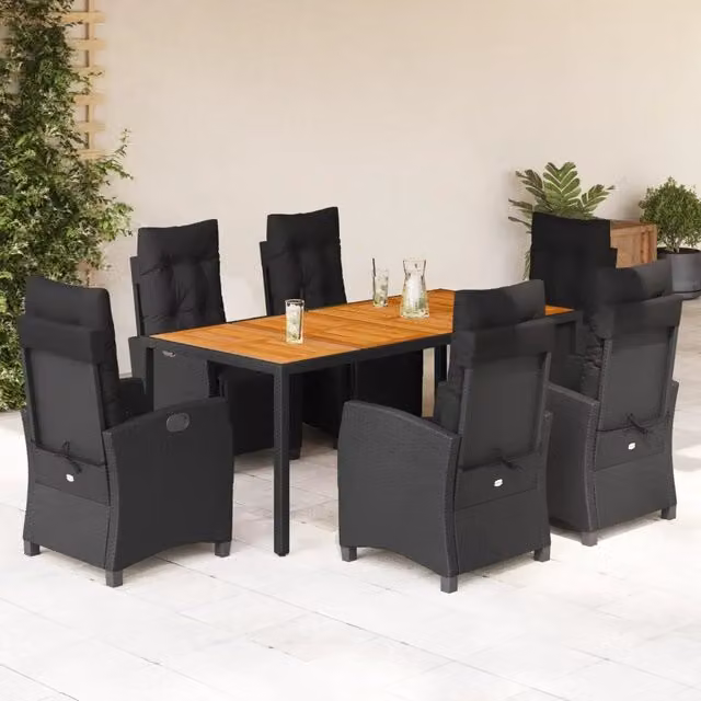 Set da pranzo da giardino vidaXL in polyrattan nero con cuscini e tavolo in legno di acacia 7 pezzi – 1