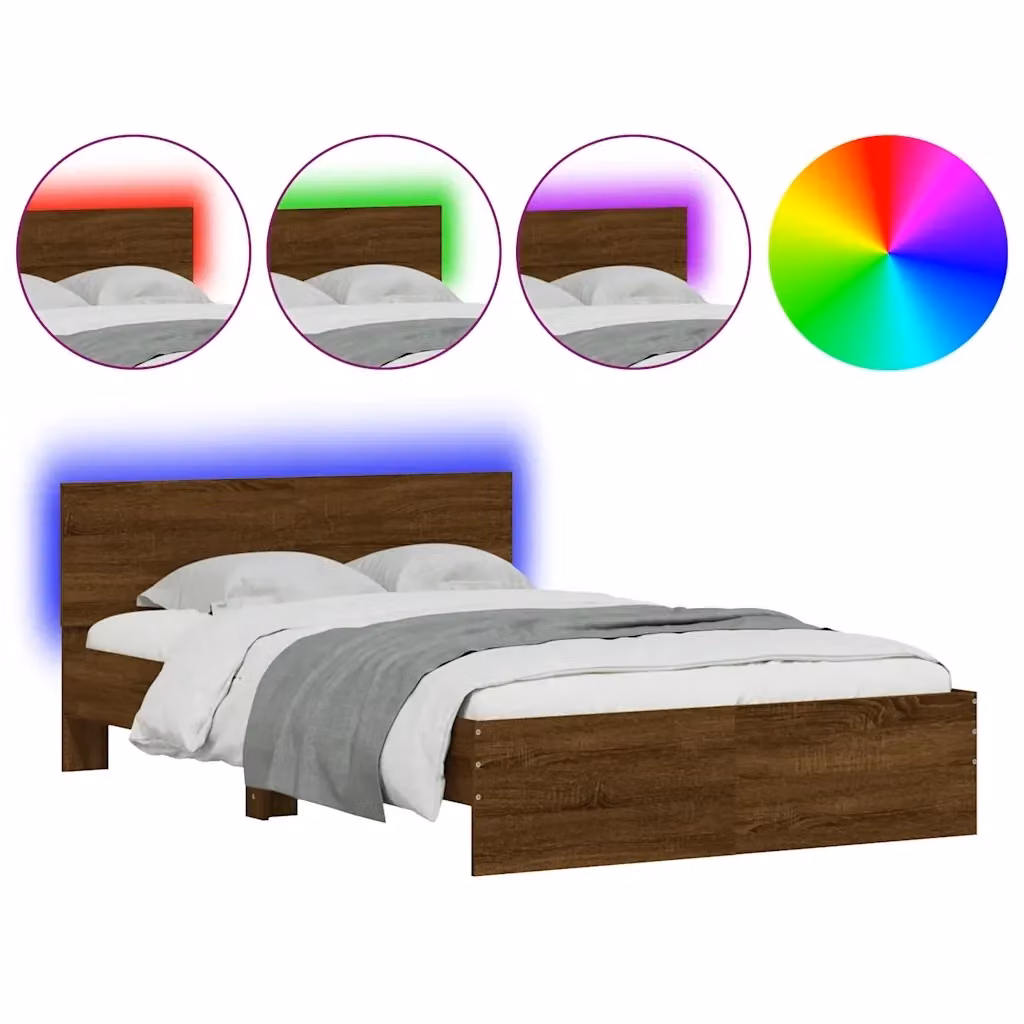 Giroletto con Testiera vidaXL in Legno Rovere Marrone con Illuminazione LED e Porta USB L/P/H: 140 x 190 cm – 2