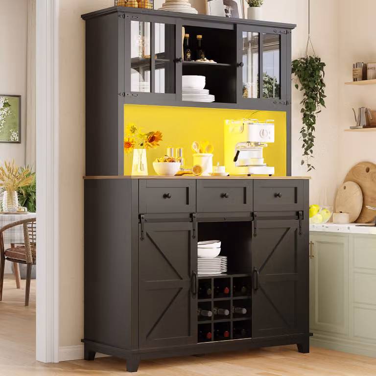 Mobile da cucina a colonna Flieks con illuminazione a LED, buffet da cucina 105x38,4x180 cm, credenza con botti per vino, nero
