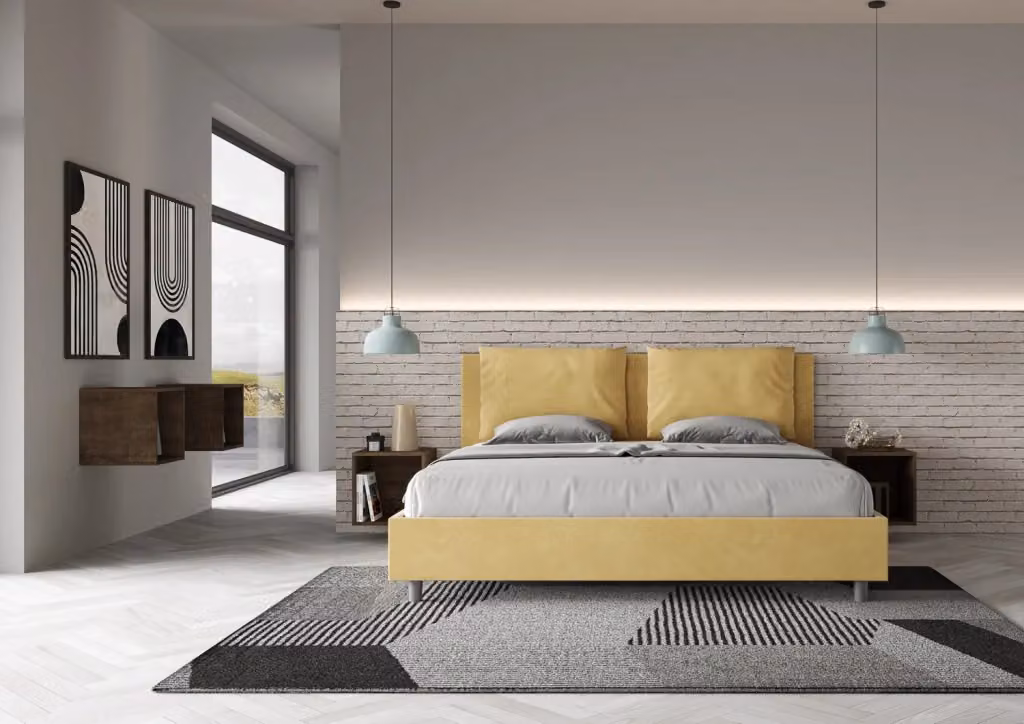Letto matrimoniale king size BS COM imbottito in microfibra colore ocra L 190 x P 210 cm – 2