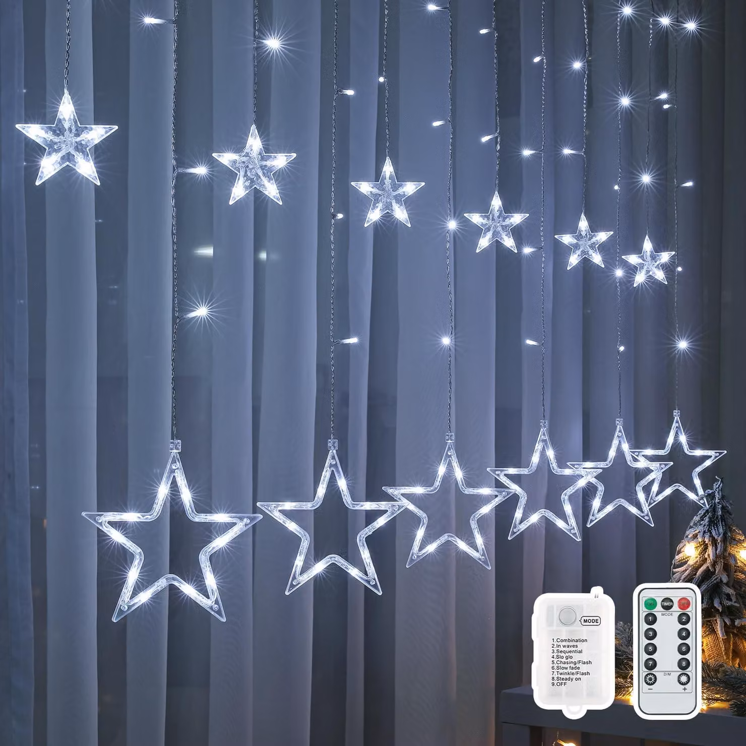 Luci decorative natalizie, 2 metri, 138 stelle a LED, luce bianca fredda, alimentate a batteria