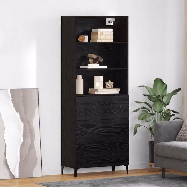 Credenza moderna vidaXL in legno ingegnerizzato e metallo, colore nero, L 69,5 cm x P 34 cm x H 180 cm