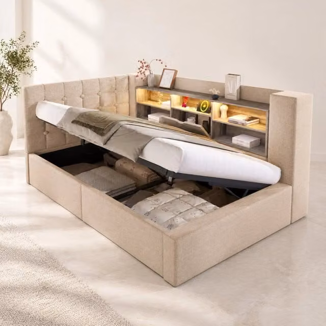 Letto 90x190 cm con contenitore idraulico, LED e testiera a L in lino beige