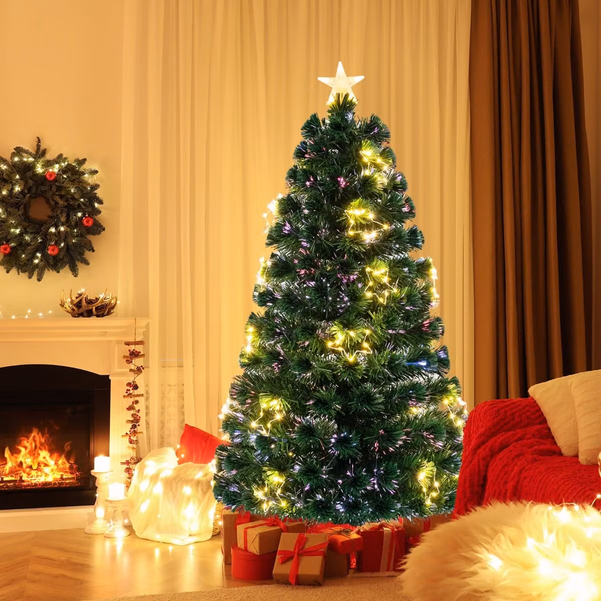 Albero di Natale in fibra ottica Costway da 150 cm pre-illuminato con luci LED warm white e decorazione a stella, verde multicolore