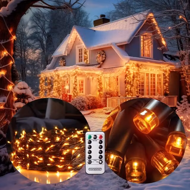 Catena di luci natalizie Monzana con 600 LED bianco caldo, lunghezza 60 m, con telecomando e timer, protezione IP44