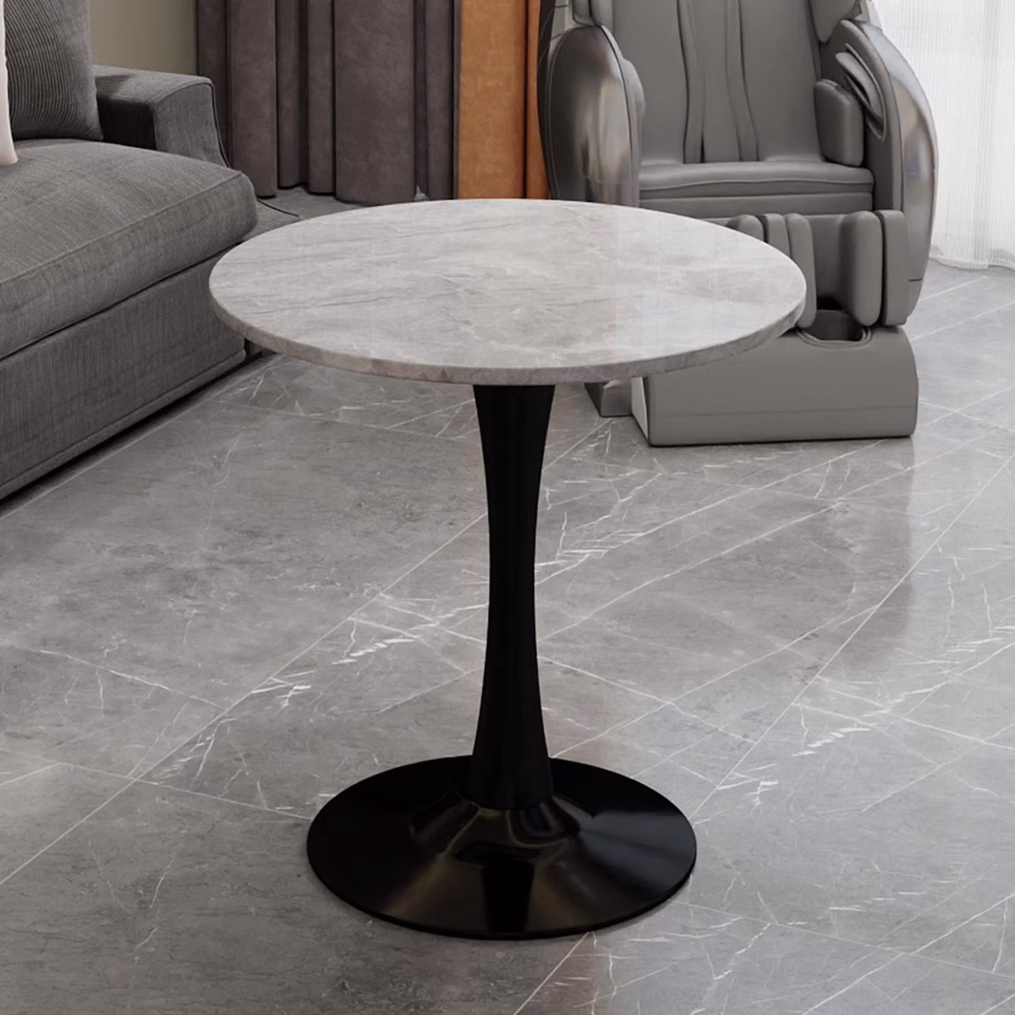 Tavolo rotondo da pranzo per 2-4 persone, diametro 70 cm. Tavolino da caffè in stile mid-century, nero con effetto marmo grigio. Tavolo da cucina salvaspazio, ideale per piccoli ambienti