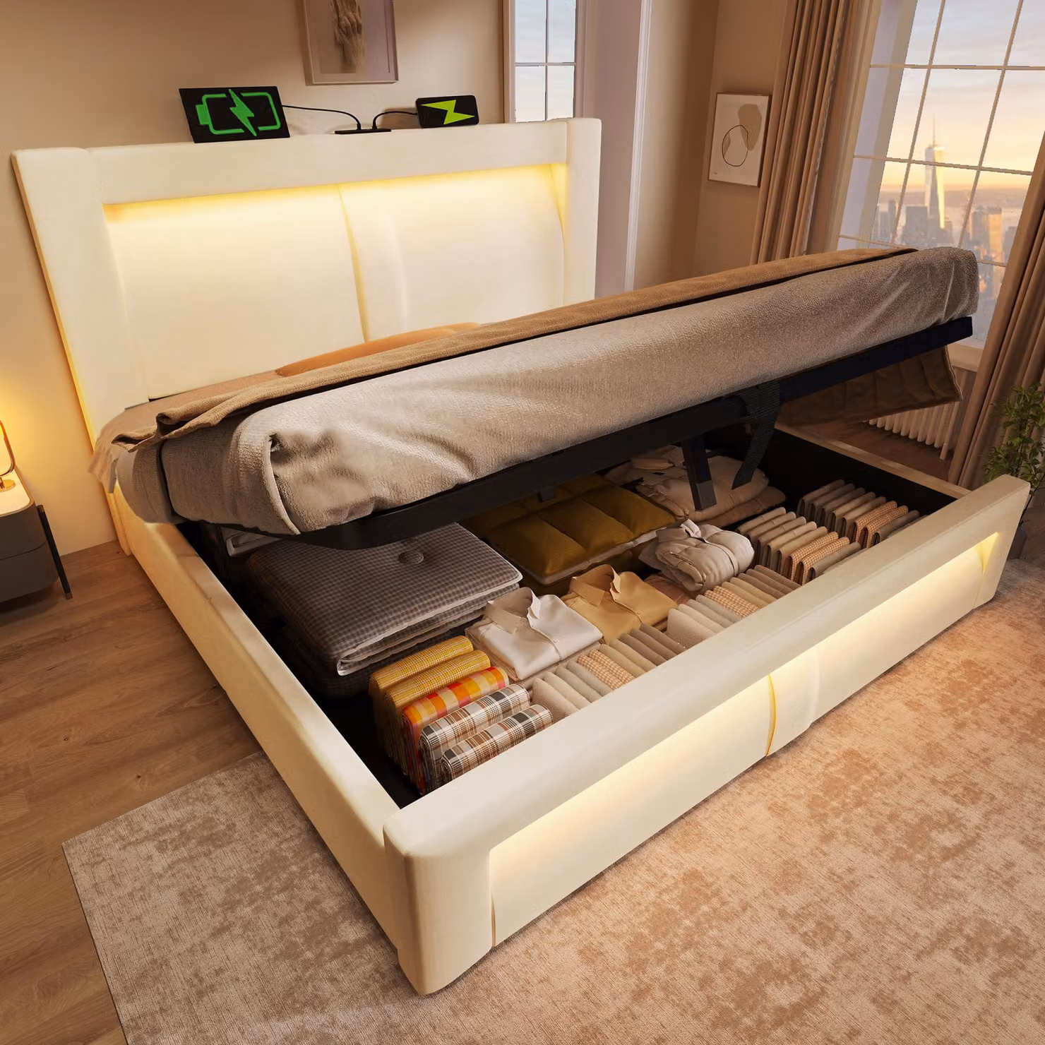 Letto imbottito 160x200 cm con spazio contenitore, cassettiera sollevabile idraulica, illuminazione LED controllabile tramite app, prese USB e di tipo C, testiera in velluto sagomata, color beige