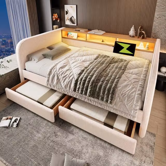 Letto Imbottito 140x190 cm in Lino Beige; Divano Letto con LED; Ricarica USB-C e 2 Cassetti