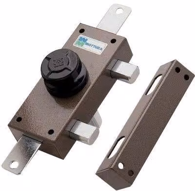 Serratura da applicare su legno Mottura 34329 con pomo triplice e rim in acciaio color bronzo