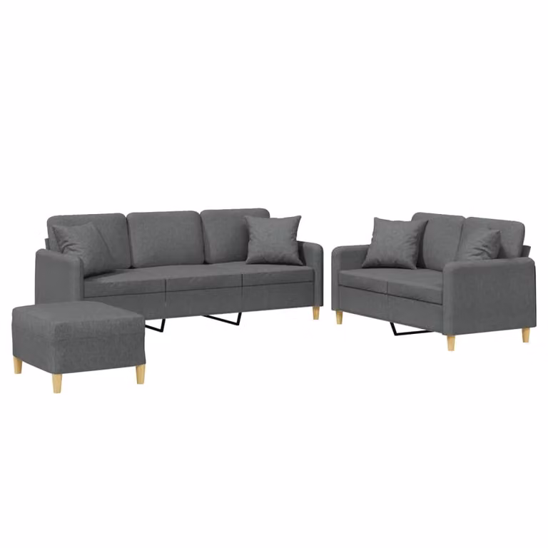 Set di Divani 3 pz con Cuscini Grigio Scuro in Tessuto