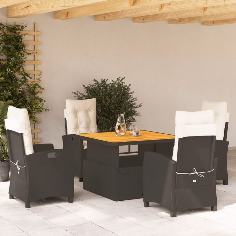 vidaXL Set da Pranzo da Giardino 5 pz in Polyrattan e Legno di Acacia Nero e Marrone con Cuscini