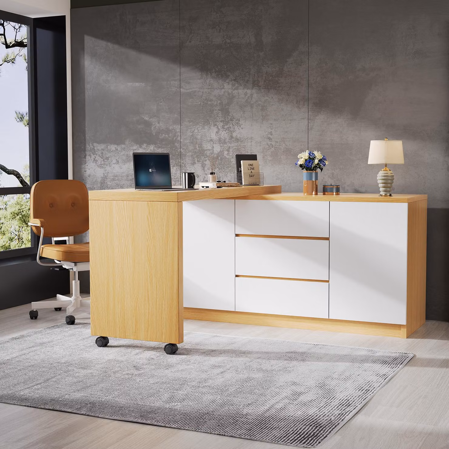 STILVORA Comodino multifunzionale con funzione scrivania, mobile ausiliario con piano girevole, dotato di rotelle bloccabili, bianco/rovere