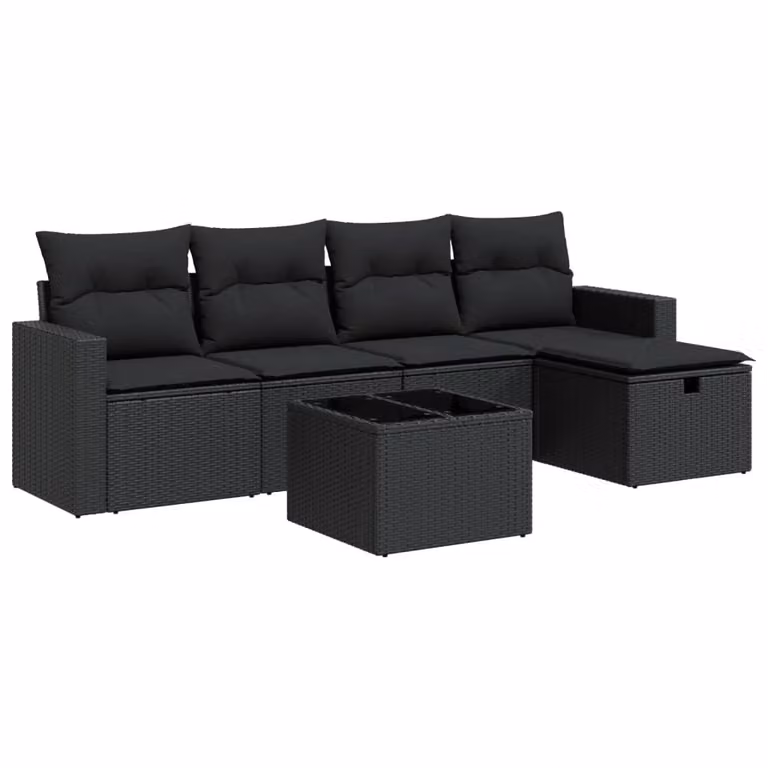 Set Divano da Giardino 6 pz con Cuscini Nero in Polyrattan