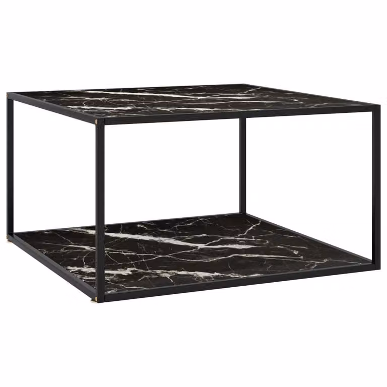 The Living Store Tavolino nero con vetro nero effetto marmo 90x90x50 cm