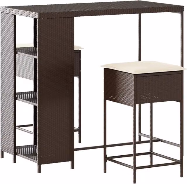 Set Bar da Giardino 3 pz | Set Salotto da Giardino con Cuscini in Polyrattan Marrone