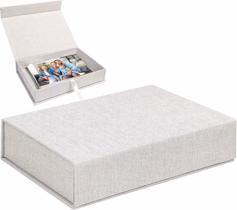Scatola per foto, colore beige, in lino, dimensioni 17,5 x 12 x 4,2 cm, contenitore per foto