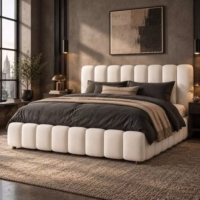 Letto matrimoniale imbottito 180x200 cm con contenitore idraulico, rete a doghe e testiera in velluto beige