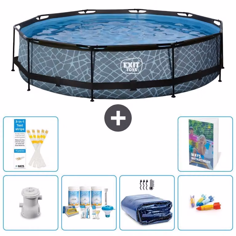 Piscina a sfioro "Exit Pool Rund" - Design effetto pietra - 360x76 cm - 5 pezzi - Modello S282