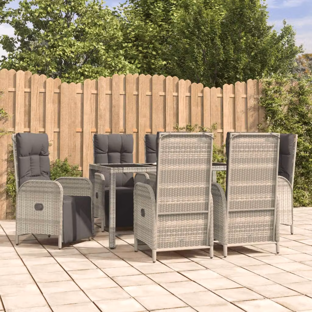 Set da pranzo da giardino vidaXL in polyrattan e vetro con 7 pezzi e cuscini, colore grigio