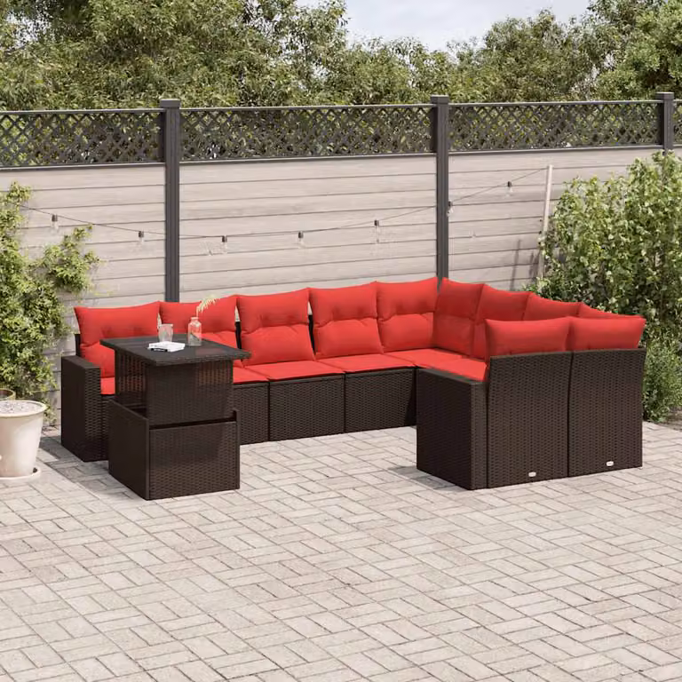 Set di divani da giardino vidaXL 10 pezzi con cuscini marroni e tavolino in stile moderno con struttura in metallo e rattan