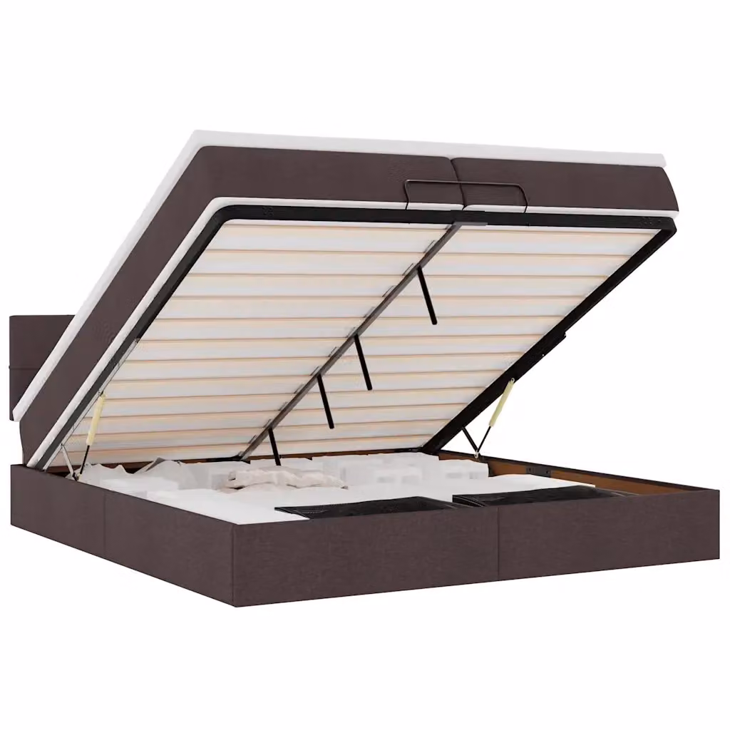 Letto moderno vidaXL con contenitore a sollevamento, base con illuminazione sottostante e porta di ricarica USB, rivestimento in tessuto marrone e bianco, L/P/H: 200 x 200 x 280 cm – 2