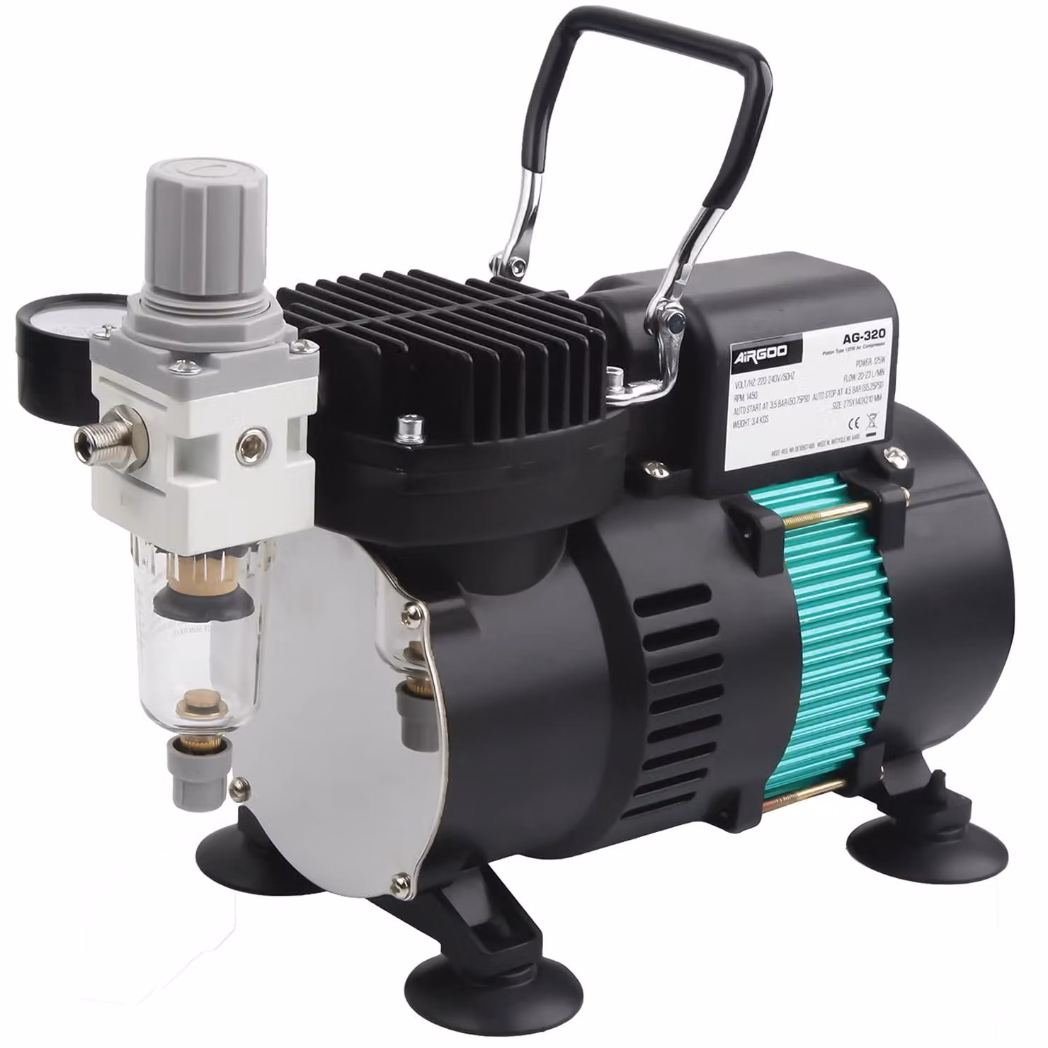 Compressore per aerografo, capacità 20-23 litri/min, pressione 3,5/4,5 bar, funzionamento silenzioso (60 dB)