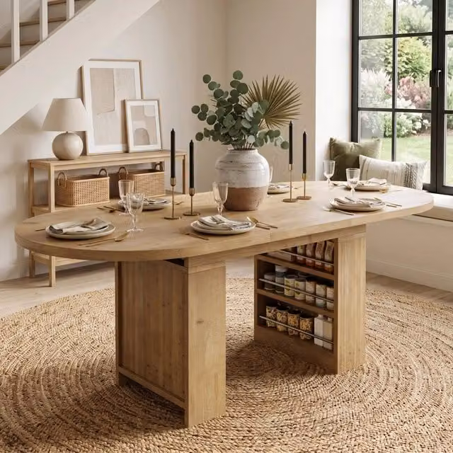 Tavolo da pranzo allungabile, 150/200 x 90 cm, per 6-8 persone, con vano portaoggetti, color legno naturale