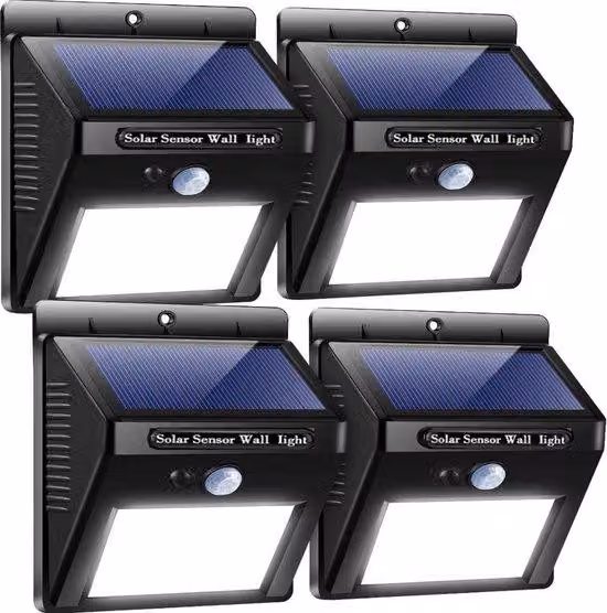 Set di luci da esterno a energia solare con sensore di movimento - Confezione da 4 - 20 faretti a LED - Regolatore a 3 livelli di intensità - Luci da esterno resistenti all'acqua - Illuminazione da esterno a risparmio energetico con energia solare - Luci