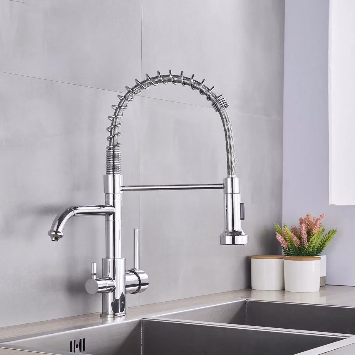 Rubinetto da cucina con filtro dell'acqua - Miscelatore a 3 vie - Bocchetta girevole a 360° - Doccetta estraibile - Acqua calda e fredda - Cromato