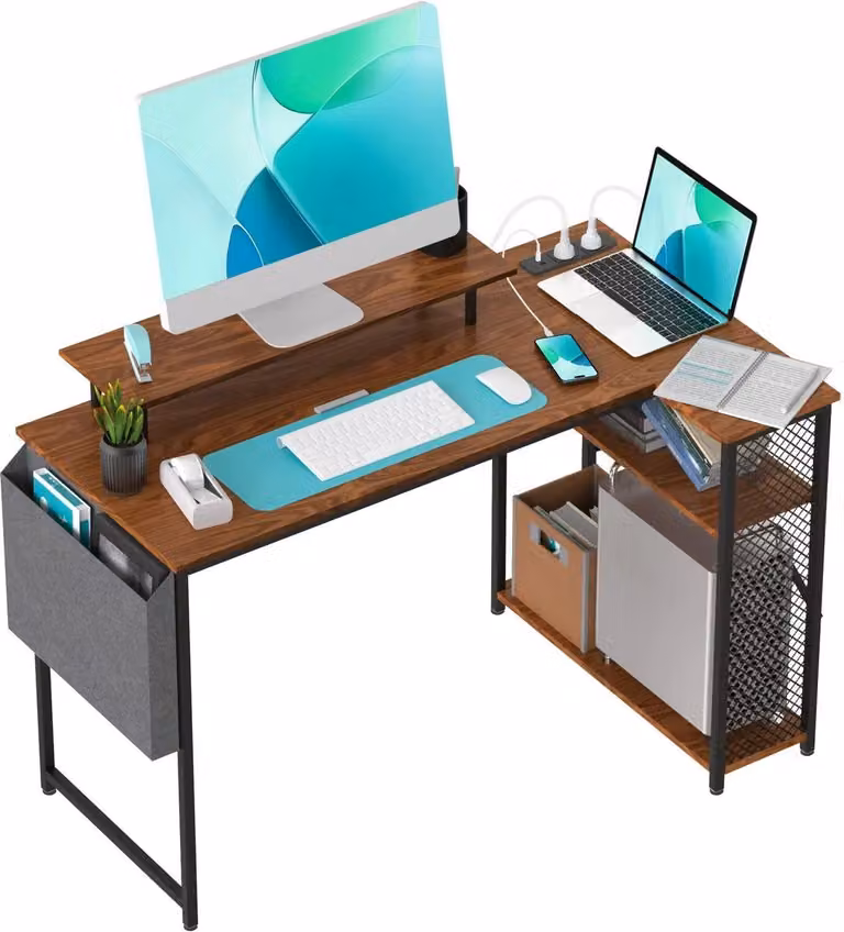 Scrivania da gaming - Scrivania a forma di L per computer - Supporto per monitor - Spazio di stoccaggio - Struttura in metallo - 120 cm - Marrone