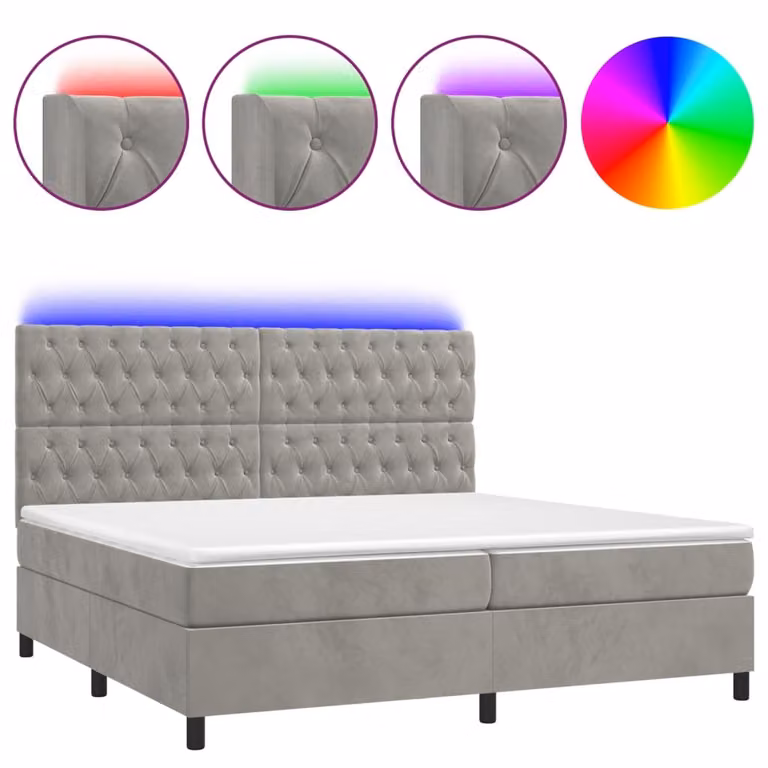 Letto a Molle Materasso e LED Grigio Chiaro 200x200 cm Velluto