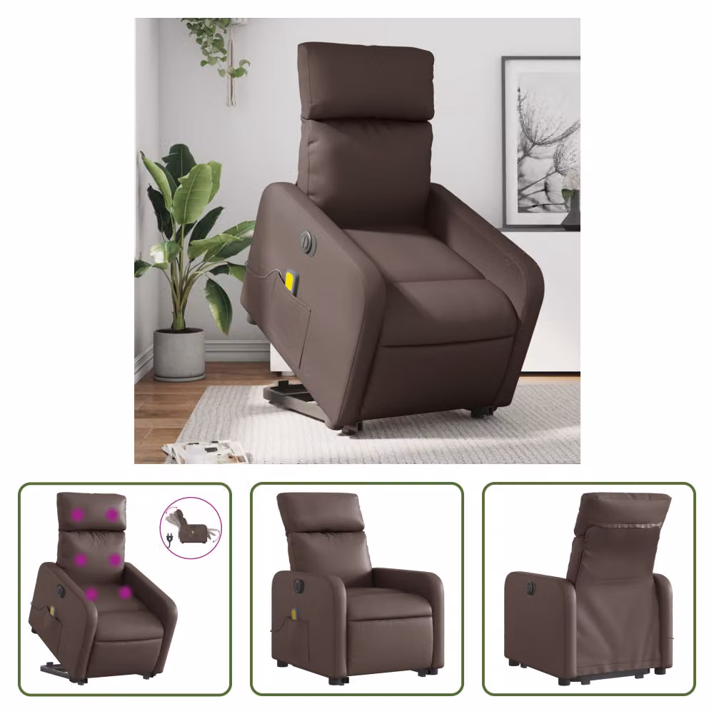 The Living Store Sedia massaggiante con supporto in piedi elettrica in ecopelle marrone