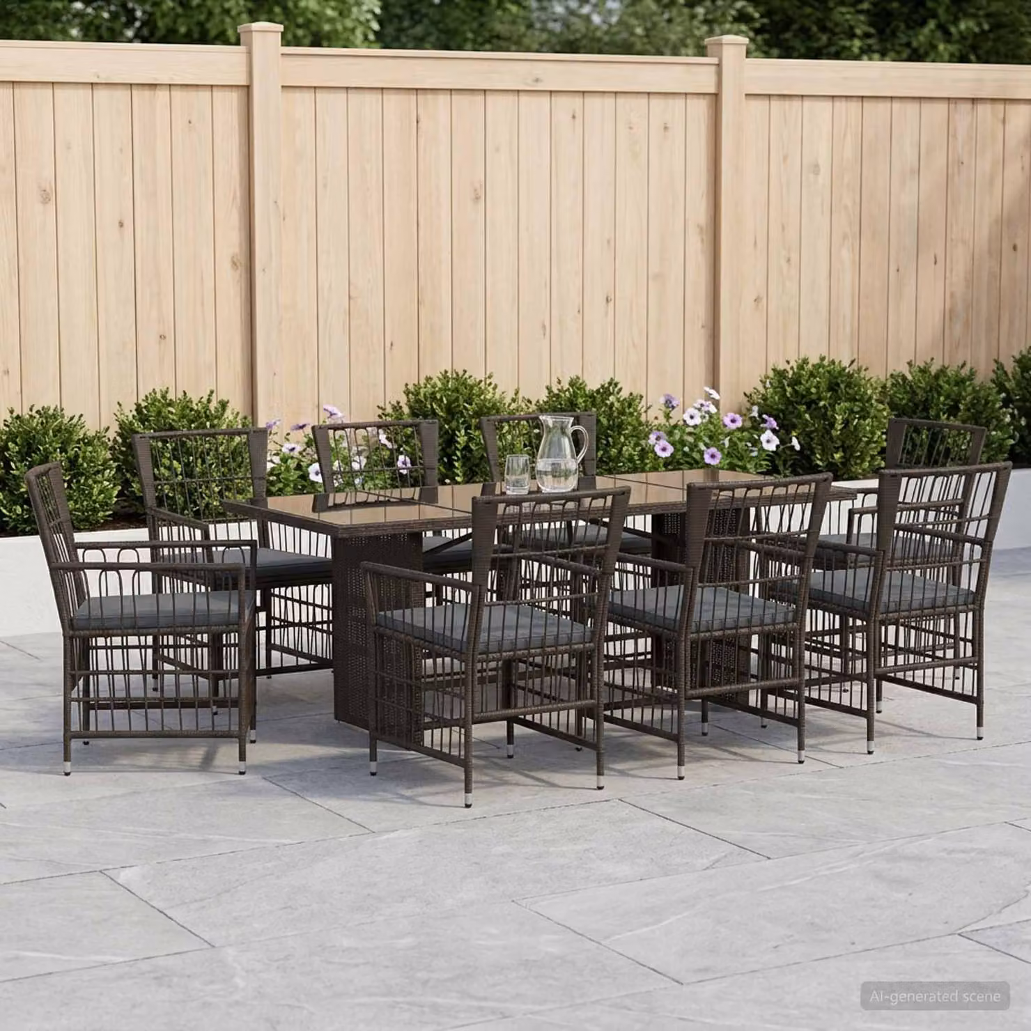 Set da pranzo per esterni vidaXL in polyrattan nero e grigio con tavolo rettangolare in vetro, 9 pezzi