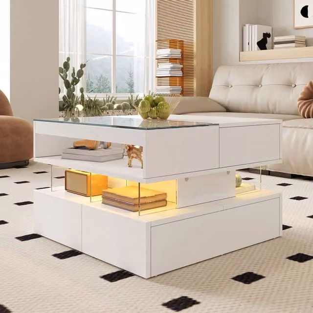 Tavolino da Salotto Regolabile MINIMAL in Vetro Temperato Trasparente con Luce LED 16 Colori e Struttura in Acrilico L/P/H: 70 x 57 x 37 cm